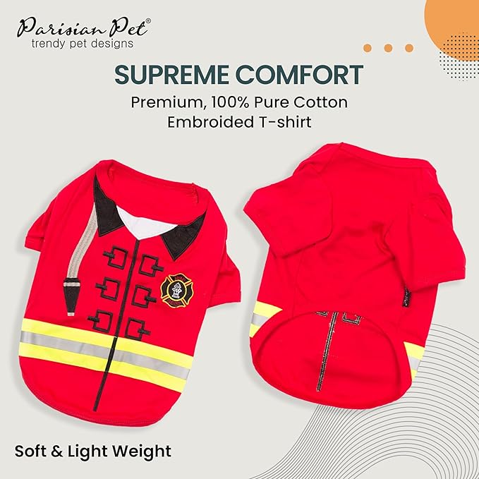 Parisian Pet Embroidered Dog Firefighter Costume - 100% Cotton and Polyester - Sleeved Pet Shirt - Red - 2XL