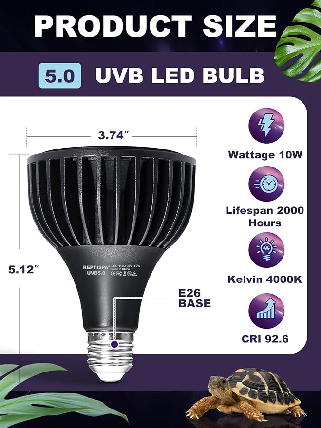LED UVB Light for Reptiles, 10W 5.0 LED UVA UVB Lamp, Reptile UVB Bulb for Bearded Dragon Lizard Gecko Snake Turtle, Provide Sufficient UVB Exposure Tropical & Desert Reptiles