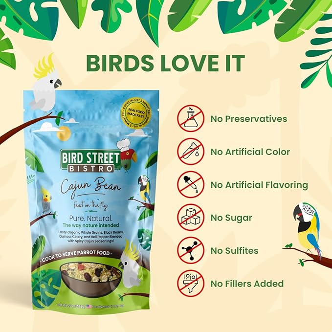 Bird Street Bistro Parrot Food for Parakeets & Cockatiels - Cajun Bean - 20 oz - Cooks in 3-15 min, Natural & Organic Grains, Fruits & Vegetables - USA Made