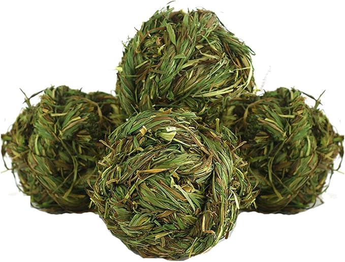 Hamiledyi Bunny Grass Toy 4 Pcs Natural Timothy Grass Small Animal Activity Play Chew Ball for Rabbits Hamster Guinea Pigs Gerbils