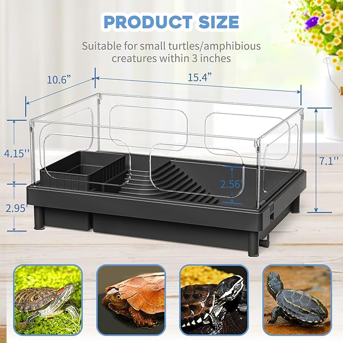 Small Turtle Tank Kit, Acrylic Turtle Tank Starter Kit with Basking Platform, Bottom Drainage, Multi-Function Areas for Turtles, Crabs, Crayfish, Small Reptiles (Black+White)