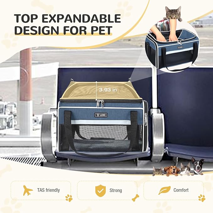 Lekereise Top-Expandable Pet Carrier 17x11x9.5 Inch Alaska Hawaiian Airline Approved Soft Sided Underseat to 12lbs Travel Carriers for Small Dogs and Cats with Locking Safety Zippers Anti-Scratch Mesh