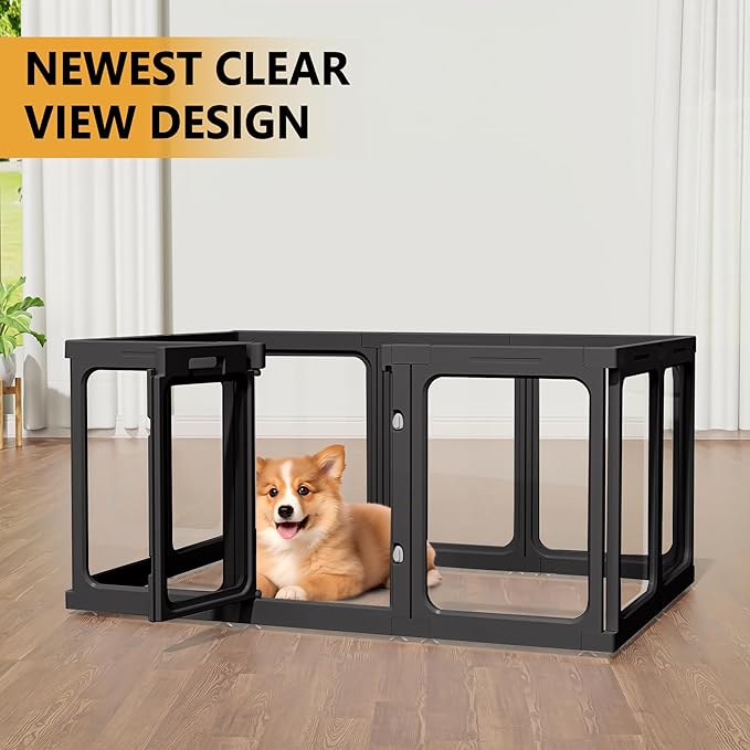 Clear Acrylic Dog Playpen with Door, for Puppy Rabbit Transparent Pet Pen, Black Dog Playpen Indoor, Dog Fence, Easy Assemble & Cleaning Dog Pen for Small & Medium Dogs (23.6“ Height, 14PCS)