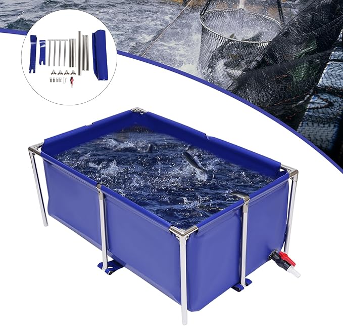 JOMCYDM Aquarium Fish Water Tank Ornamental Swimming Pool Koi Breeding Pond,Canvas Above Ground Fish Pond with Steel Frame, Drain Valve, Blue Aquarium Pool, Koi Pond, Foldable Water Storage