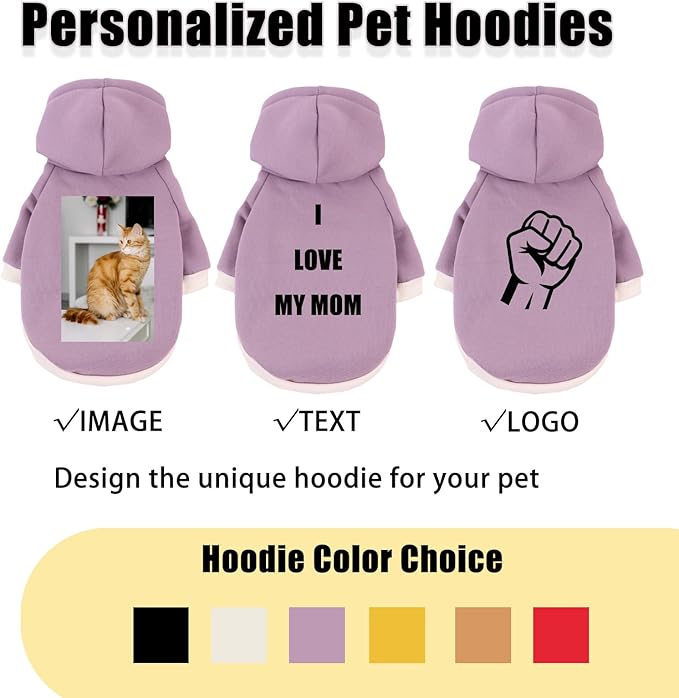 Custom Dog Hoodie, Personalized Sweatshirt with Photo Text Name Logo, Customized Hooded Sweater for Small Medium Large Dogs & Cats (Purple, Large)