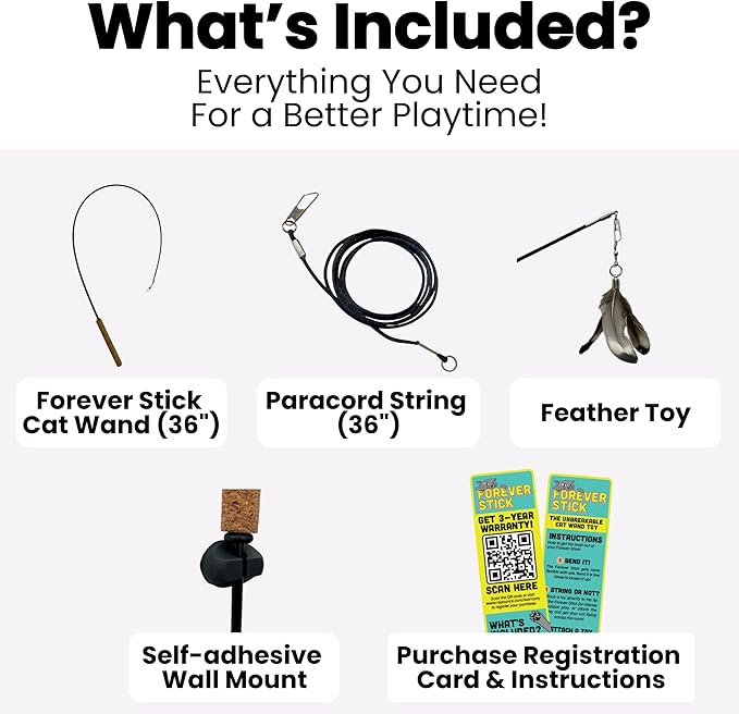 Forever Stick - The Unbreakable Cat Teaser Wand, Extra Long Durable Interactive Toy for Indoor Cats, Cat Fishing Pole Toy for Bored Indoor Adult Cats, Feather String Toy On Stick Enrichment