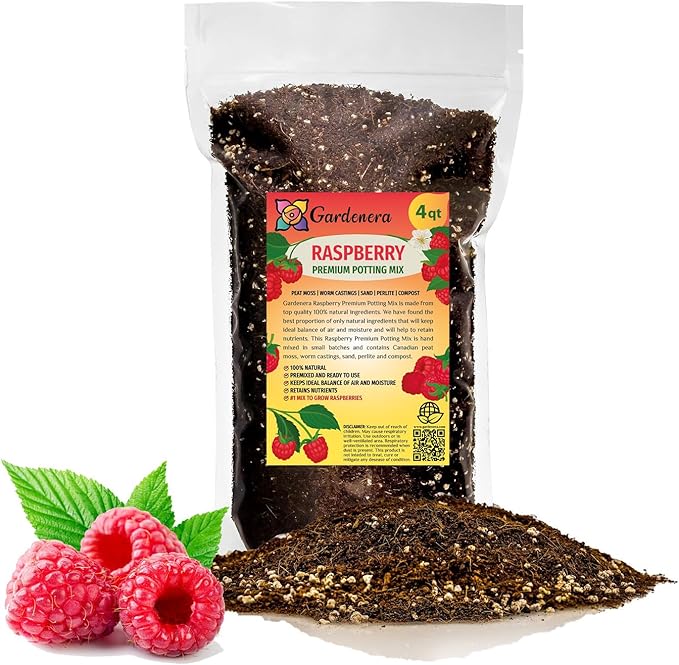 Gardenera Premium Raspberry Potting Soil Mix - Optimal Blend for Thriving and Juicy Berries - 4 Quart