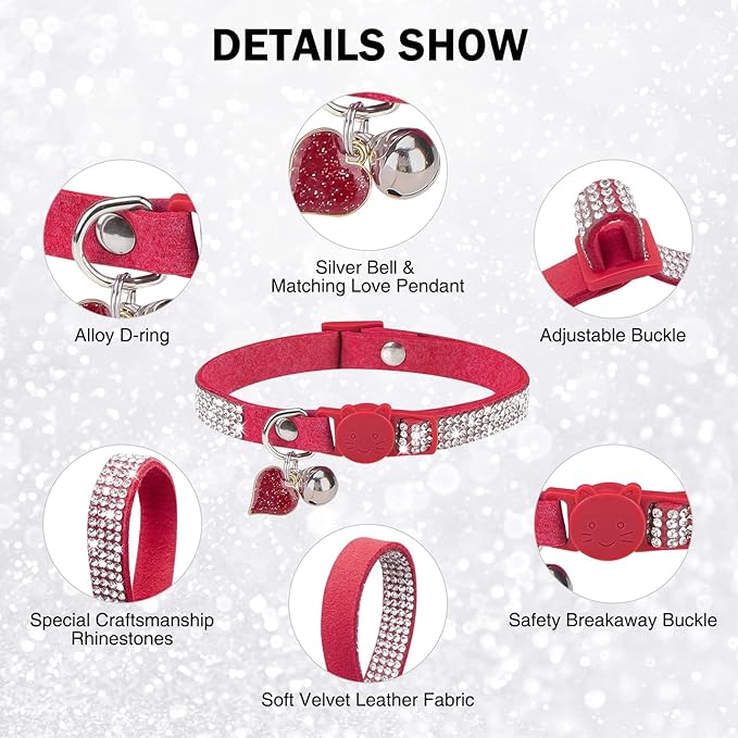 Rhinestone Cat Collar Breakaway with Bell, Diamond Cat Collar with Safety Buckle Quick Release for Girl Boy Small Kitten Pets Puppy,Cute Soft Female Male Cat Collars, Color Red 8-12"