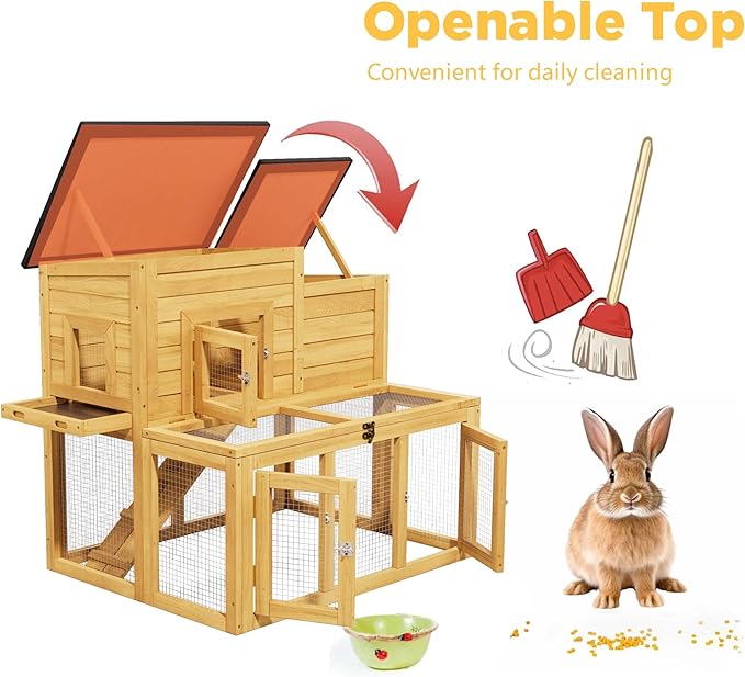 Small Chicken Coop, Chicken Run, Wooden Duck Coop Outdoor 2-Tier Rabbit House All Weather Used Poultry Quail Hutch Pet Cage with Removable Ramp for Garden Backyard (Yellow)