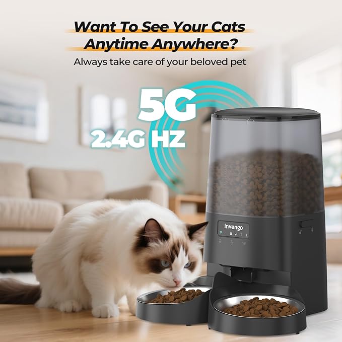 Automatic Cat Feeder with App Control, 5L Food Dispenser for 2 Cats, 2.4/5G WiFi, Dual Power, Programmable Portions, Anti-Jam & Fresh-Lock, Stainless Steel Bowls, Easy to Clean