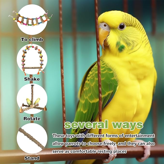 Parrot Cage Accessories-Pure Wood Parrot Perches Toys,Climbing Ladder,Bird Rotating Perch,Bird Swing,Suitable for Parakeet,Conure,Cockatiel,Mynah,Love Birds Finches