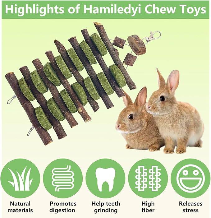 Hamiledyi 2 PCS Rabbit Chew Toys Hanging Bunny Toys for Teeth Grinding Natural Apple Wood Sticks and Timothy Grass Cake Improve Small Animals Dental Health Treats for Guinea Pig Hamster Chinchilla