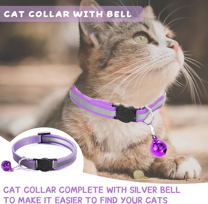 6-Pack Reflective Cat Collars with Bell – Breakaway Safety Nylon Kitten Collars, Adjustable Pet Collars with Charming Bells, Mixed Colors in one Package.