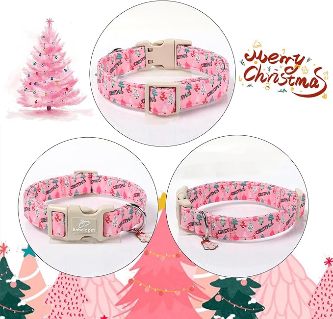 Christmas Dog Collar for Puppy Small Dogs - Cute Xmas Tree Print Pink Christmas Collars for Dogs, Soft Adjustable Winter Holiday Dog Collars with Quick Release Buckle XS