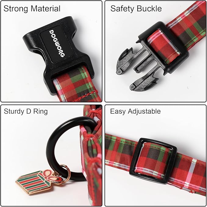 DOGWONG Christmas Plaid Dog Collar, Cute Adjustable Red Collar for Boy and Girl Dogs, Dog Collar with Strong Plastic Buckle for Small Medium Large Dogs,L