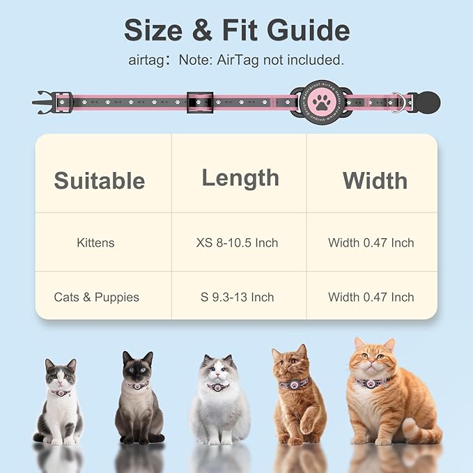 Airtag Cat Collar Breakaway, Reflective Cat Collar with AirTag Holder and Bell, Compatible with Apple Air Tag, Comfortable Padding, Adjustable, Durable (Pink, XS)