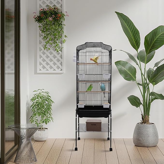 Large Bird Cage with Wheels Parrot Cages for Large Birds Iron Bird Cage with Stand Outdoor Birdcages with Tray, Feeding Bowls & Waterer Big Bird Cages for Parakeets, Lovebird & Pigeon (Black)
