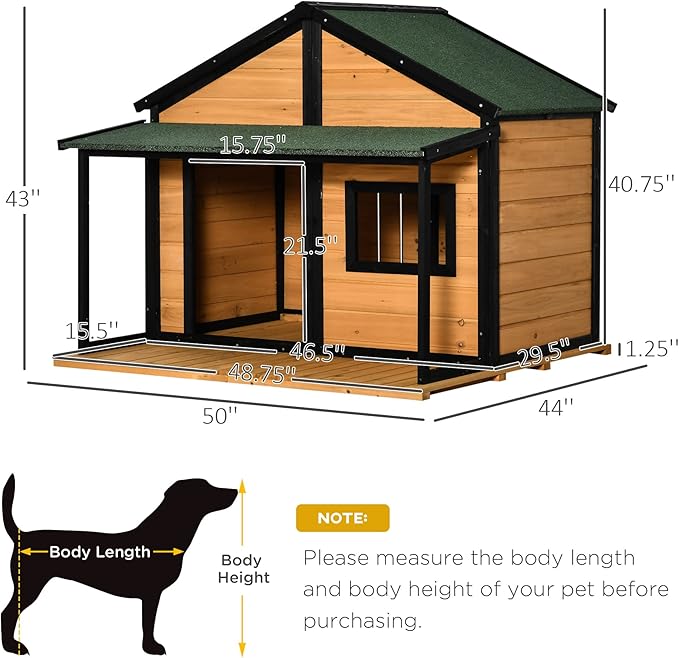 PawHut Outdoor Dog House Cabin Style, Wooden Raised Pet Kennel with Asphalt Roof, Front Door, Side Window, Porch for Medium/Large Dogs, Loading 53 lbs, Yellow