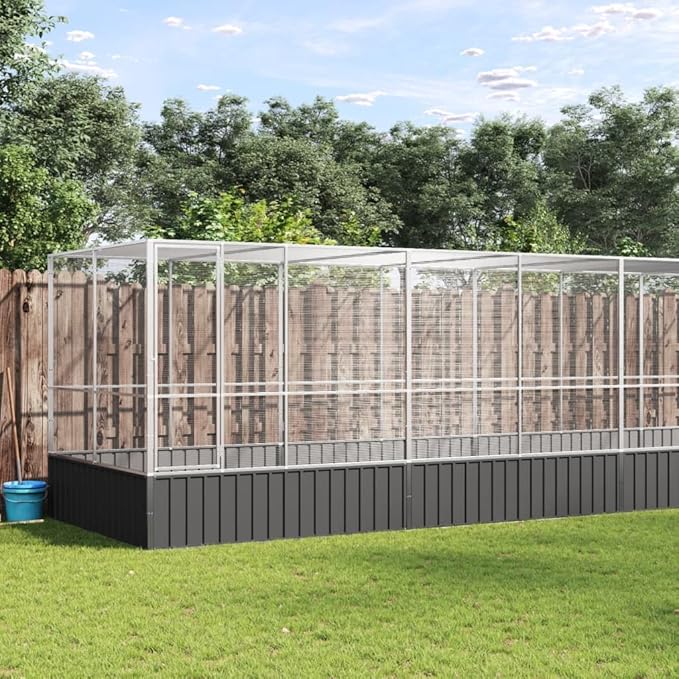 Large Metal Heavy Duty Walk-in Aviary Cage with Extension, Ample Activity Space Bird Cage with Lockable Door Also for Chickens and Rabbits, Silver 246.1"x81.5"x83.5" Steel,-413