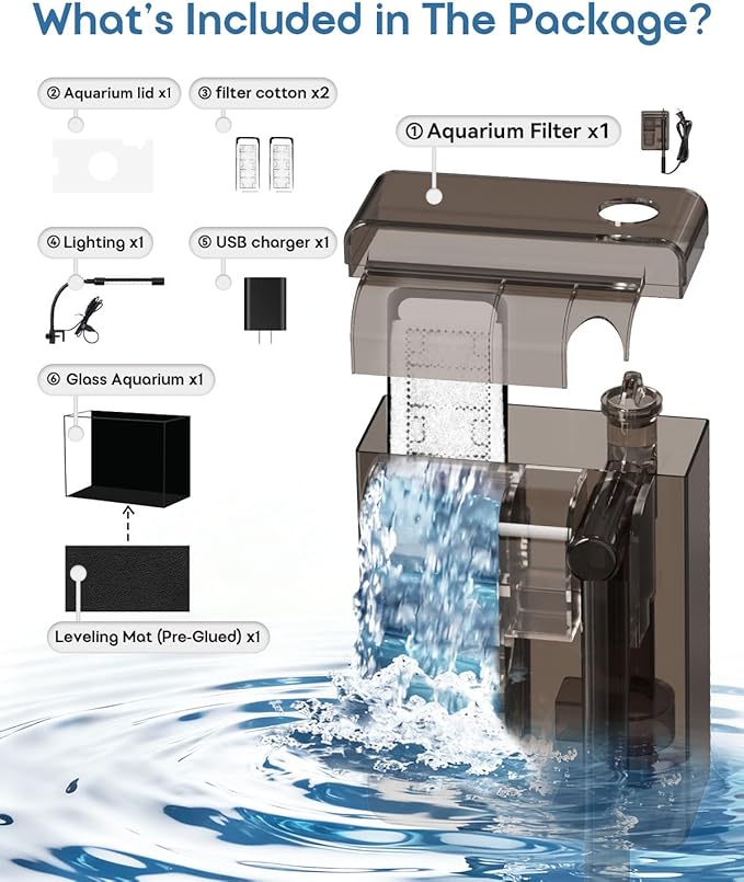 Glass Fish Tank Kit, 2.5 Gallon Betta Fish Tank Aquarium Starter Kit with Filter, Lights, Lid, for Betta, Goldfish, Small Fish or shrimg
