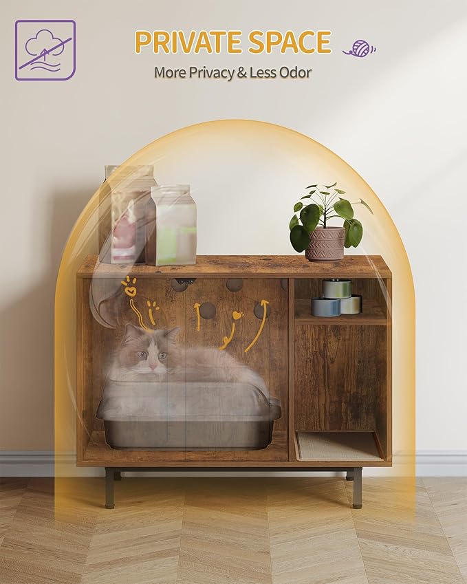 Cat Litter Box Enclosure Enclosed, Hidden Litter Box Cabinet Furniture with Storage, Wooden Indoor Cat House Large, Modern End Table for Living Room Entryway, Rustic Brown and Black CB01501B