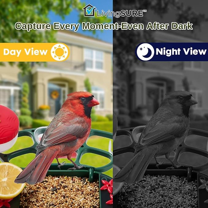 LivingSURE 2-in-1 Smart Bird Feeder with Camera Outdoor Solar Powered Smart Birdfeeder Live Stream Video Camera with AI Recognition for Outside Wild Birds Garden Decor - Bird Lover Gifts