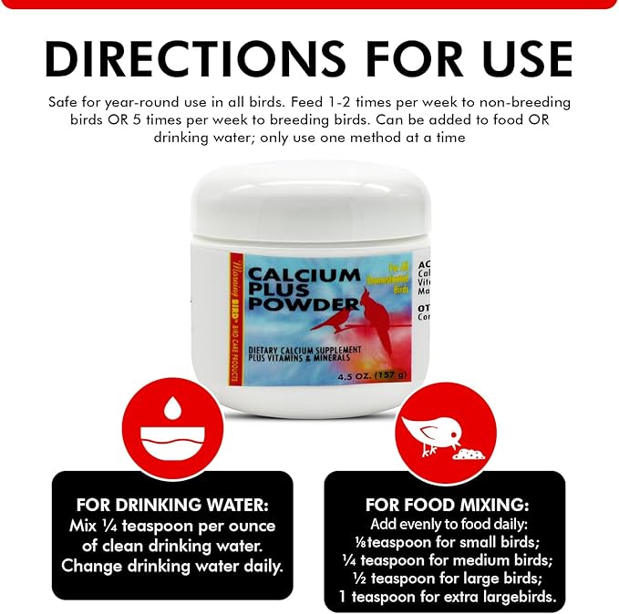 Morning Bird Calcium Plus Powder for Birds 4.5 oz – Calcium Supplement with Vitamin & Protein Powder – Supports Bone Health, Muscle Function & Digestive Balance – Easy-to-Mix Calcium Formula