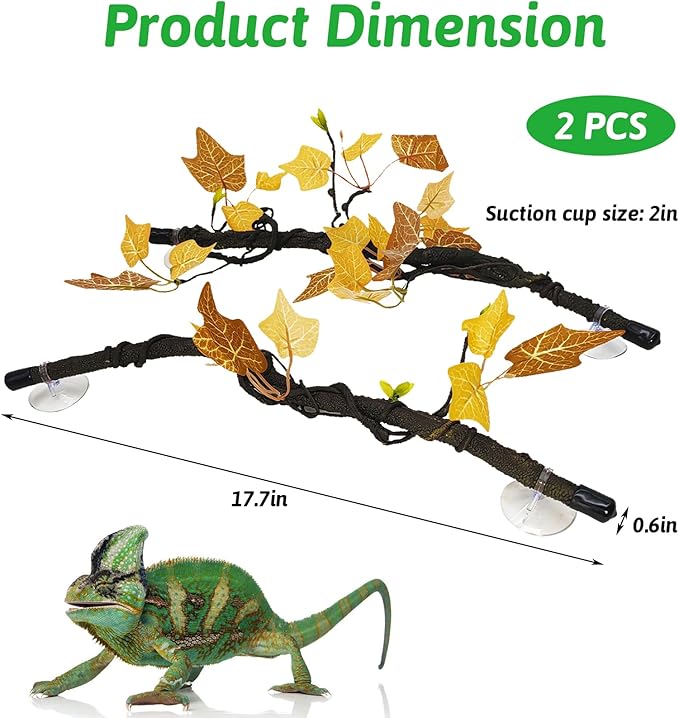 PINVNBY 2 PCS Snake Climbing Branch, Flexible Jungle Climbing Vine with Suction Cup Reptile Climb Tree Branches for Lizards, Chameleons, Snakes（ Orange）