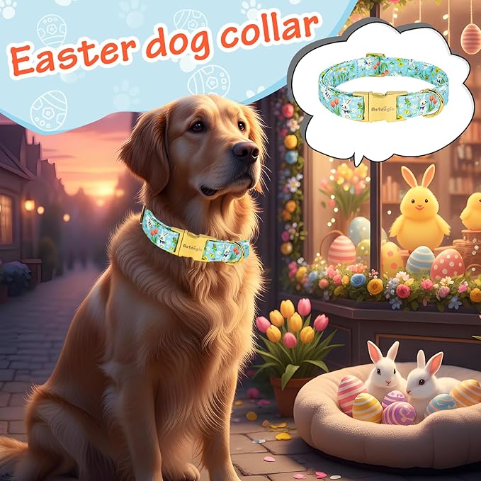Easter Dog Collar for Medium Dogs, Easter & Spring Theme Medium Dog Collar with Cute White Bunny Pattern, Adjustable Blue Easter Dog Collars Girl Boy Collar for Dogs -M