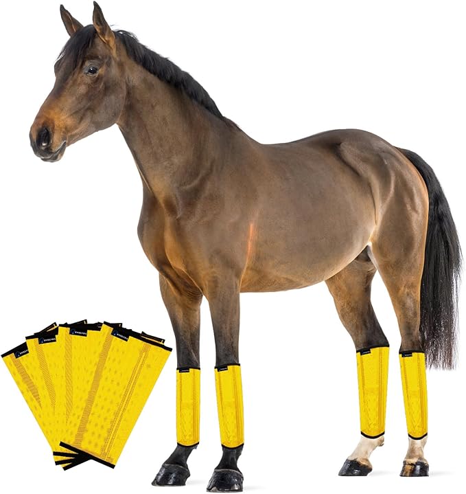 FOXLVDA Horse Fly Boots - Fly Boots for Horses Set of 4, Comfortable Horse Leggings, Mesh Material Design with Metal Support Bars for Reduces Stomping & Leg Fatigue (Yellow, Medium)