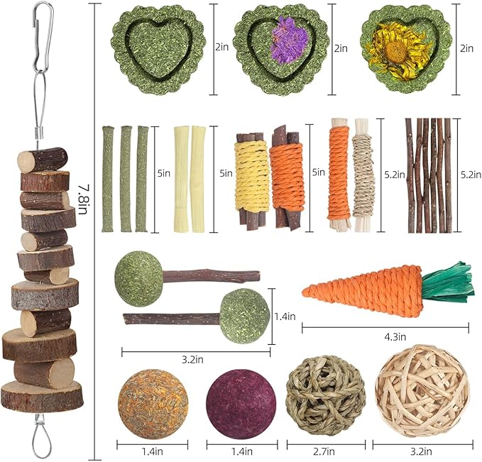 Rabbit Toys Bunny Toys 26Pcs Natural Timothy Hay Sticks Apple Wood Sticks Handmade for Guinea Pig Hamster Rat Chinchilla