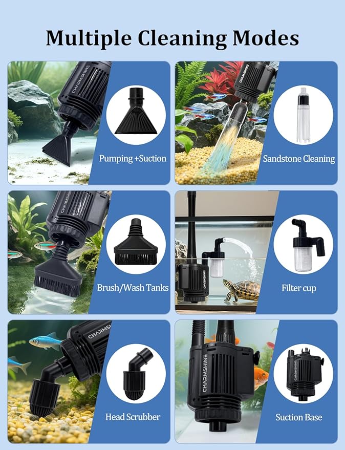 Electric Aquarium Gravel Cleaner [2026 Edition] 6 in 1 Automatic Fish Tank Cleaning Tools Gravel Vacuum for Aquarium Suitable for Change Water Wash Sand (with Filter Cup and Hose Clamp 22W)