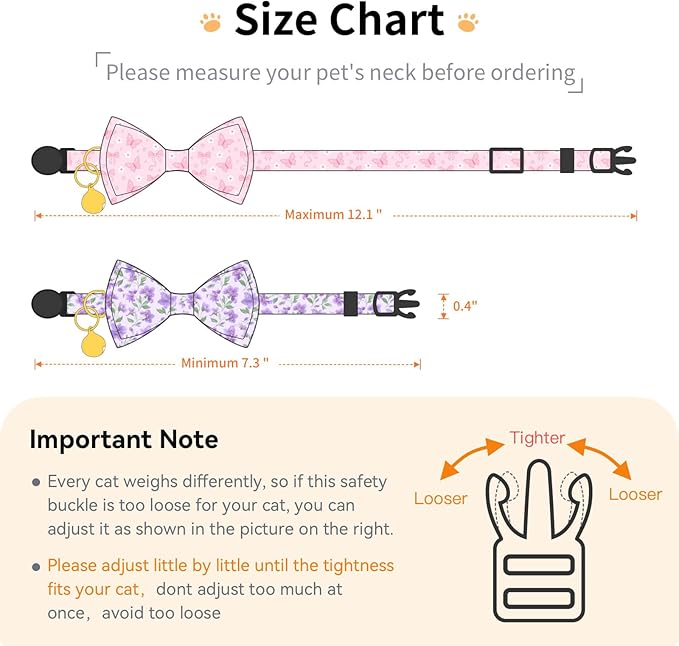 2 Pack Cotton Cat Collar with Bow Tie and Bell for Girl Boy Cats,Cute Pink Flamingo and Blue Whale Pattern Spring Summer Breakaway Cat Collar for Male Female Cats (Butterfly&Violet)