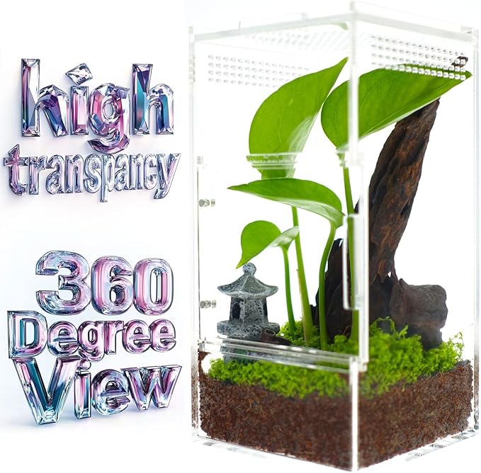 Jumping Spider Enclosure - Acrylic Terrarium Habitat for Spiders, Tarantulas, Snail, Mantis, Lizard, and Small Reptiles, Magnetic Doors (3x3x6 inch)