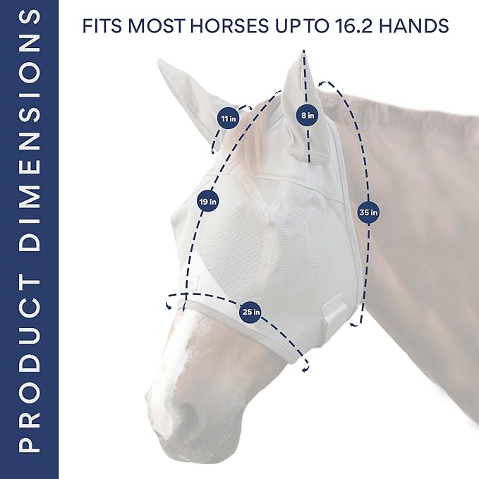 Horse Fly Mask with Ears - Built-in Visor - Breathable, Lightweight Mask - 95% UV Eye Protection - Adjustable Fit for Comfort Horse Medium/Large Size