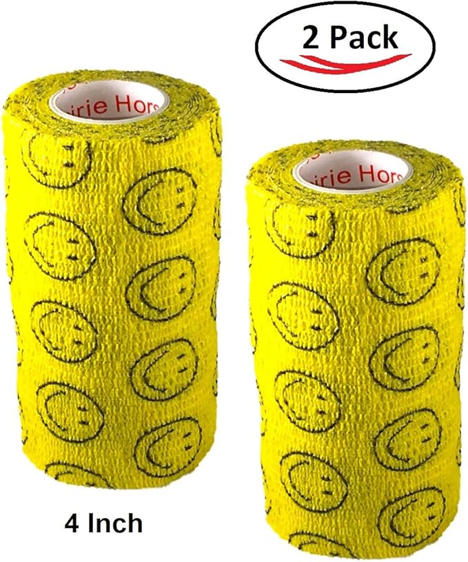 Vet Wrap Wrap Tape (Yellow with Smiles) (2 Pack) (3 Inch x 15 feet) Self Adhesive Adherent Adhering Cohesive Flex Self Stick Bandage Grip Roll Dog Cat Pet Horse