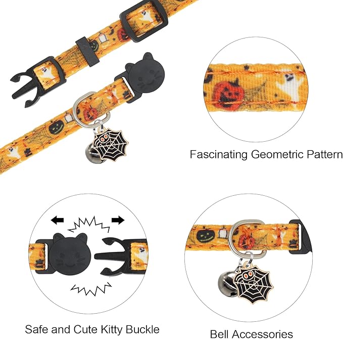 Halloween Cat Collar, Cotton 2 Pack Cat Collar with Bells, Breakaway Collars for Girl Boy Cats Kittens, Halloween Purple