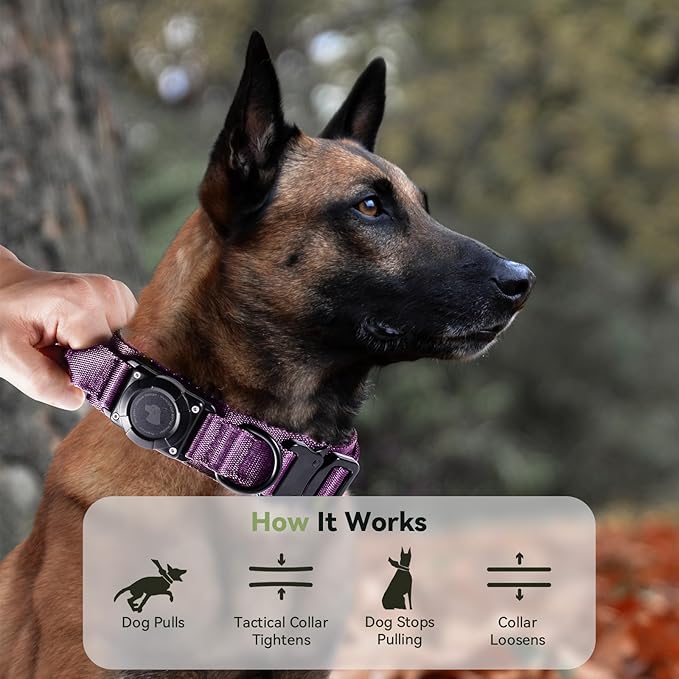 2025 Upgrade Waterproof AirTag Dog Collar, Military Tactical Dog Collar with AirTag Holder, Comfortable Control Handle and Metal Buckle, GPS Dog Collar Holder for Medium to Large Dogs (Purple, L)