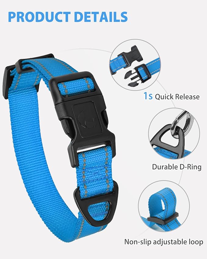 Joytale Large Dog Collar, Reflective and Adjustable Nylon Pet Collar with Quick-Release Buckle for Extra Large Dogs, Sky Blue, XL