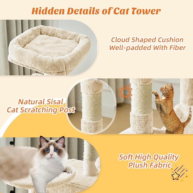 Cat Tree Tower 44 Inch, Small Cat Tower with Condo, Hammock, Sisal Scratching Posts, Extended Perch, Pet Play House for Indoor Kittens and Cats, Beige