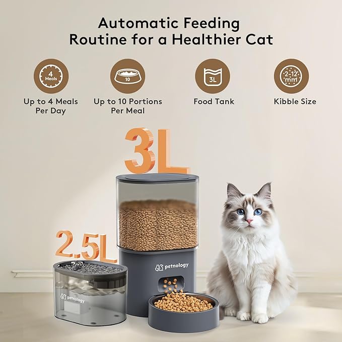 All-in-One Automatic Cat Feeder and Water Fountain, 3L Programmable Timed Dry Food Dispenser with Anti-Clog Design, 2.5L Quiet Cat Fountain for Drinking with Filter, Combo for Small Pets