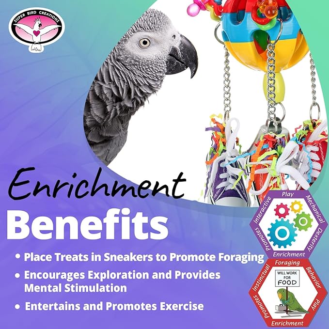 Super Bird Creations SB1105 Kick Ball Bird Toy - Ideal for Parrots, Ringnecks Conures Quakers - Perfect for Chewing, Foraging, and Boredom Relief - Enriching Kick Ball Toy for Medium Bird Size, 12"x4"