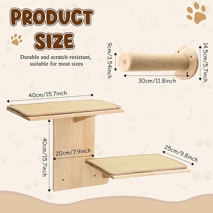Novabright 3 Pcs Cat Wall Shelves Set, Double-Layer Platform Cat Wall Furniture & 2 Wood Scratching Steps, Wall-Mounted Space-Saving Climbing System for Indoor Kitty, Easy Install
