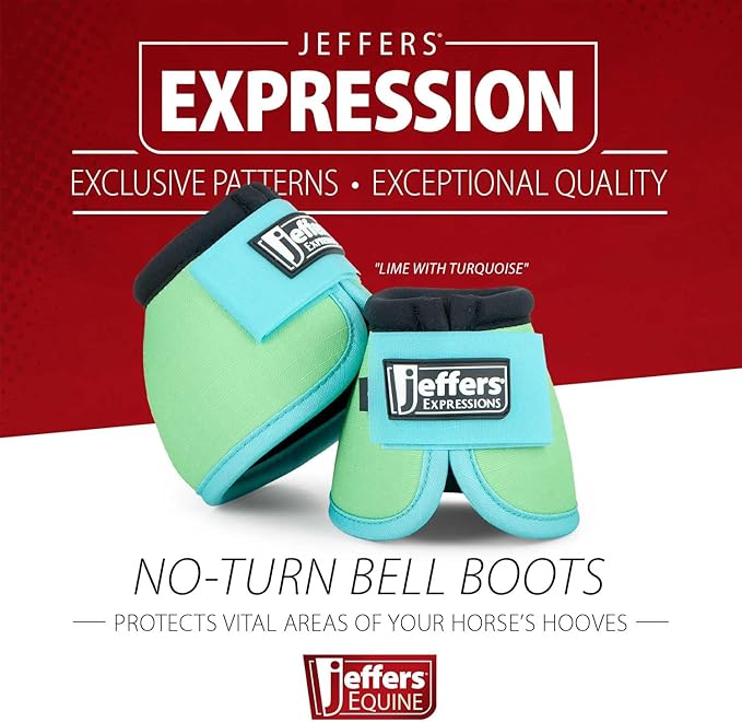 Jeffers Expression No Turn Bell Boots for Horses - Lime & Turquoise, Large | Shock Absorbing Hoof Protection | Secure Double Hook & Loop Closure, Perfect for Turnout, Training, & Riding - 1 Pair