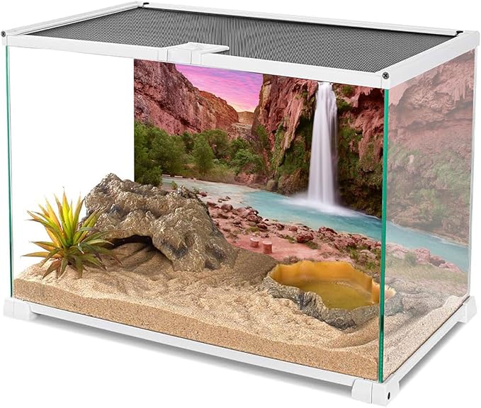AWERT 24x16 inches Reptile Habitat Background Sunset Mountain Waterfall Terrarium Background