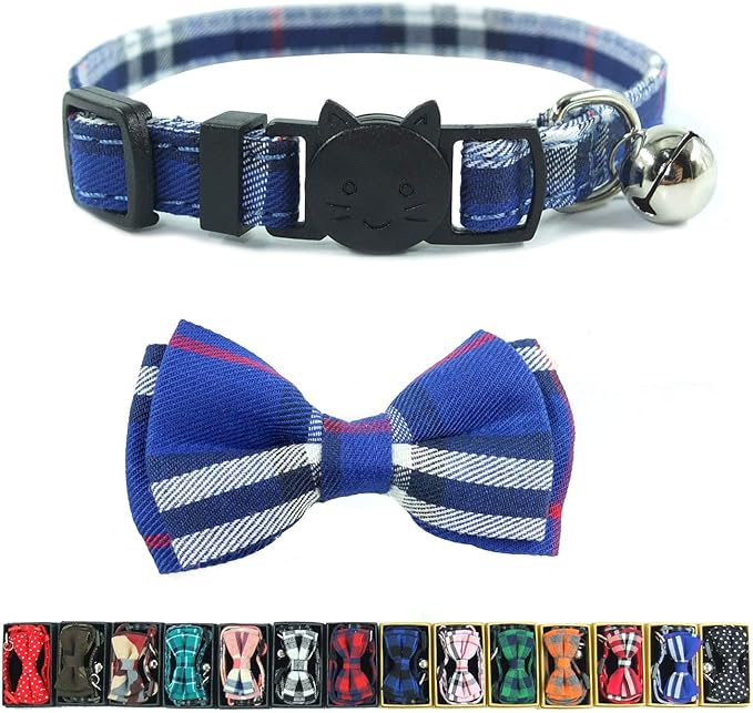 Cat Collar Breakaway with Bell and Bow Tie, Plaid Design Adjustable Safety Kitty Kitten Collars(6.8-10.8in) (Blue Plaid 1)