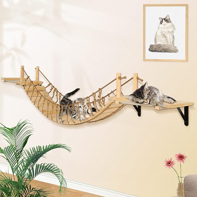 Calmbee Cat Wall Shelves - 70" Cat Bridge Hammock Tree with Mounted Perch & Cloud Shelf