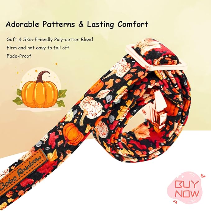 Fall Dog Collar, Leaf Pumpkin Print Adjustable Pet Collar Cute Cotton Soft Collars with Bow Tie Metal Buckle Holiday Puppy Collars Boy&Girl Gift for Medium Dogs