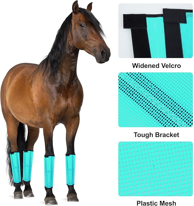 FOXLVDA Horse Fly Boots - Fly Boots for Horses Set of 4, Comfortable Horse Leggings, Mesh Material Design with Metal Support Bars for Reduces Stomping & Leg Fatigue (Green, Large)