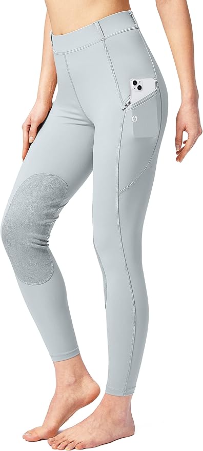 SANTINY Women's Horse Riding Pants with Zipper Pockets Knee-Patch Schooling Tights Equestrian Breeches for Women